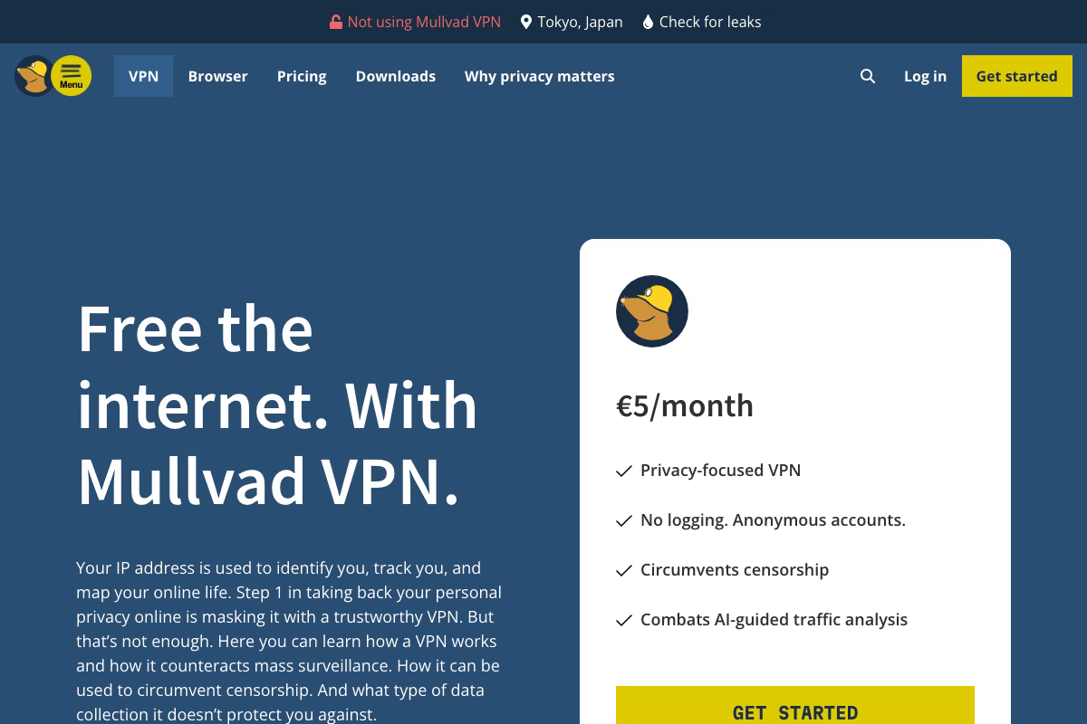 Mullvad VPN公式サイトのトップページ