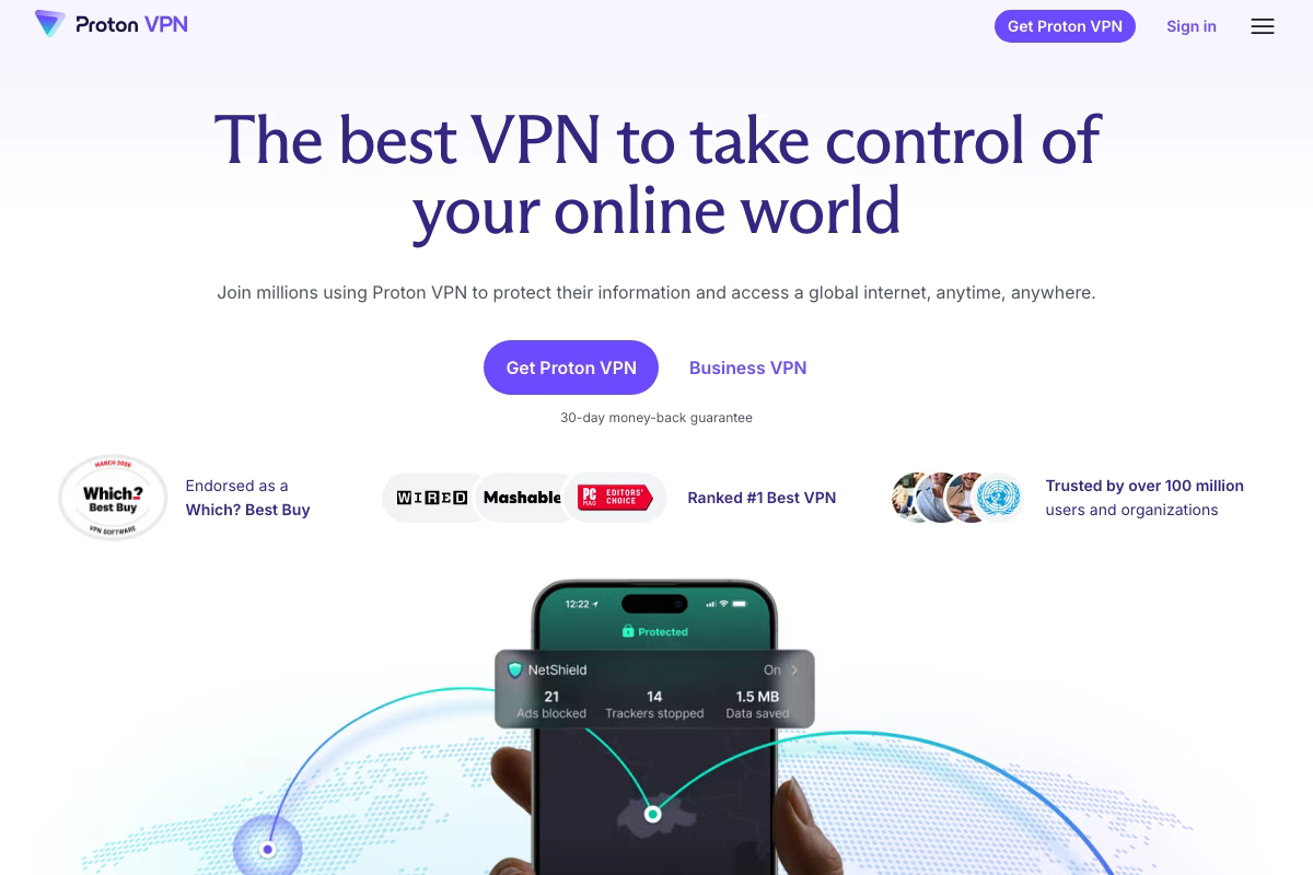 Proton VPN公式サイトのトップページ