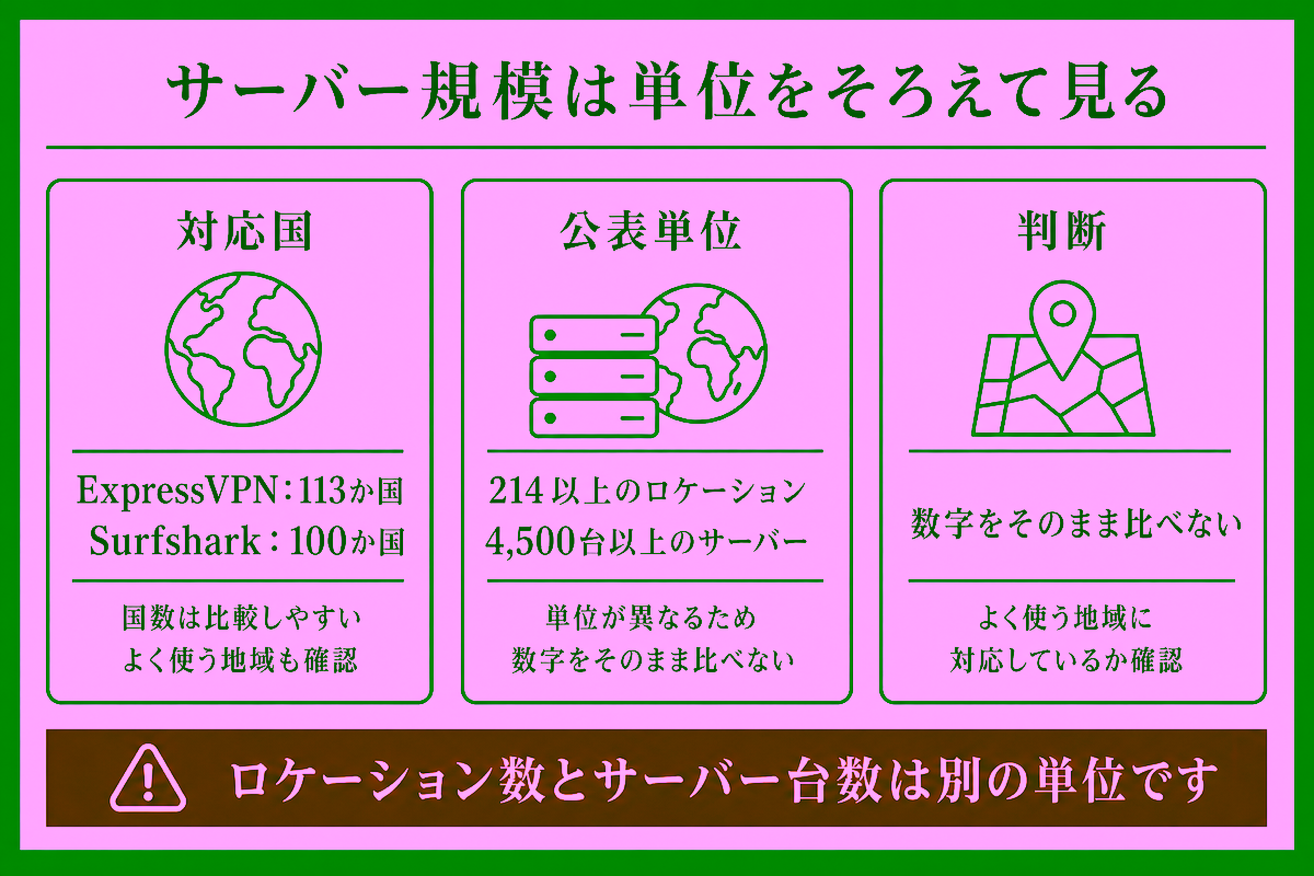 ExpressVPNとSurfsharkのサーバー規模を単位別に見る図解