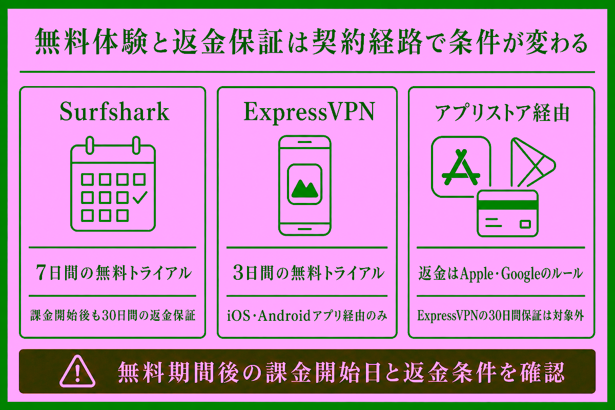 ExpressVPNとSurfsharkの無料体験・返金保証を契約経路別に整理した図解