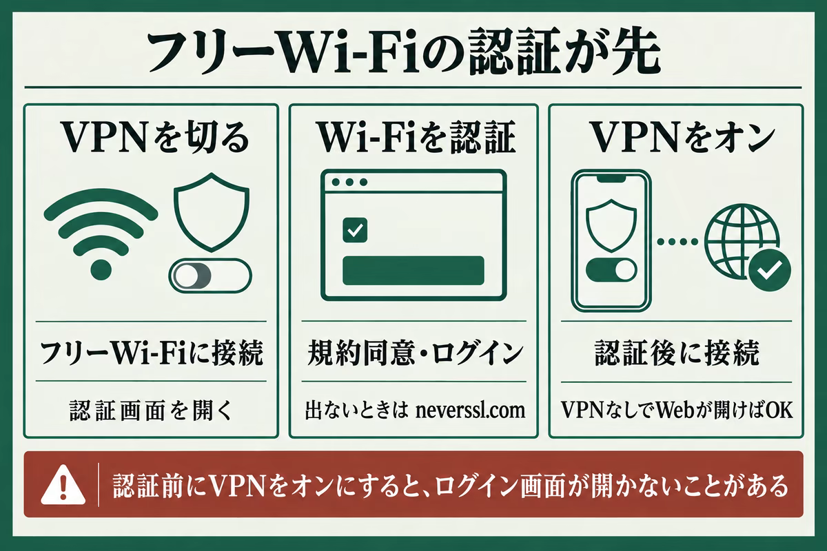 フリーWi-Fiの認証を済ませてからVPNを接続する順番を、3枚のカードで整理した図解