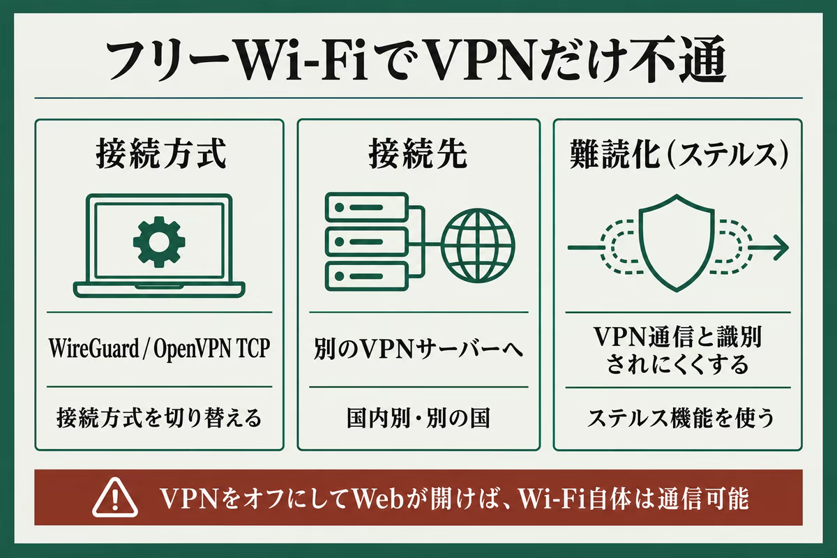 フリーWi-FiでVPNだけ繋がらないときに確認する接続方式・接続先・難読化の3項目を整理した図解