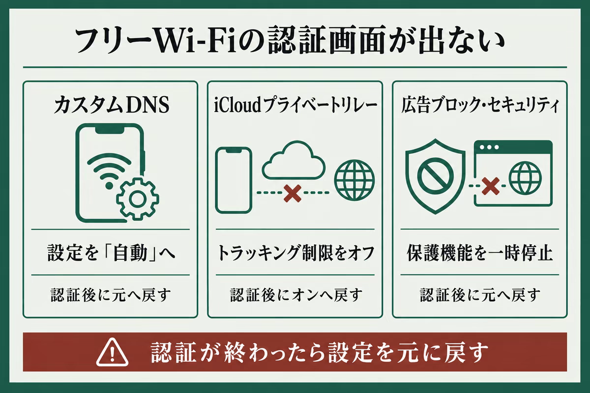 フリーWi-Fiの認証画面が出ないときに確認するカスタムDNS・iCloudプライベートリレー・セキュリティ設定を整理した図解