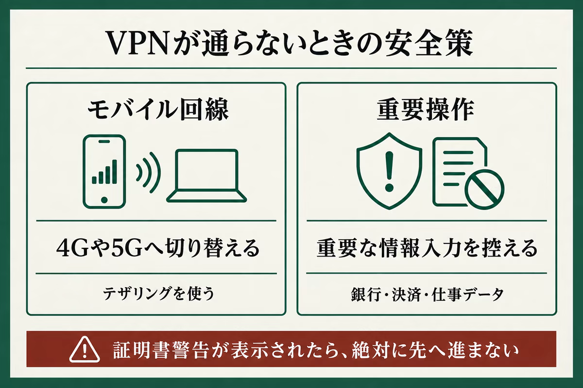 VPNが通らないときにモバイル回線へ切り替え、重要な情報入力を控える安全策を2項目で整理した図解
