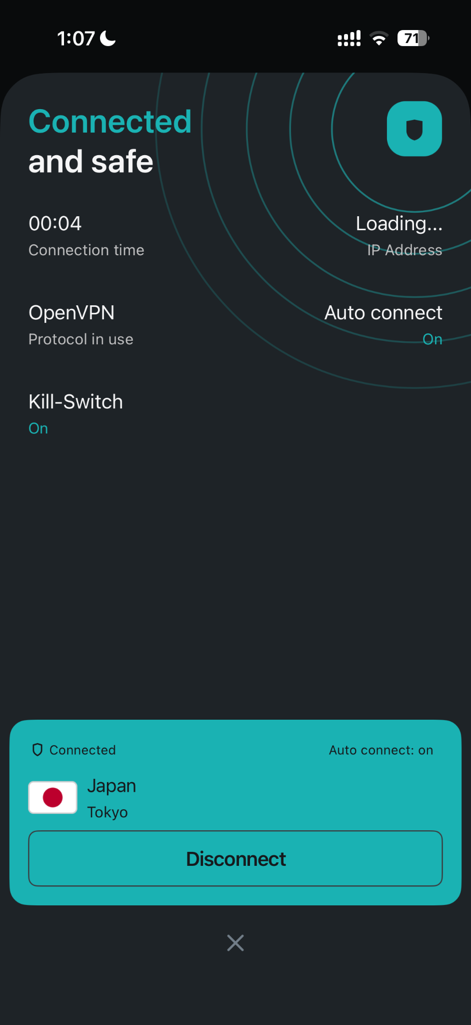 OpenVPNの接続時間4秒の画面。Connected and safeと表示され、IP Address欄はLoading...になっている