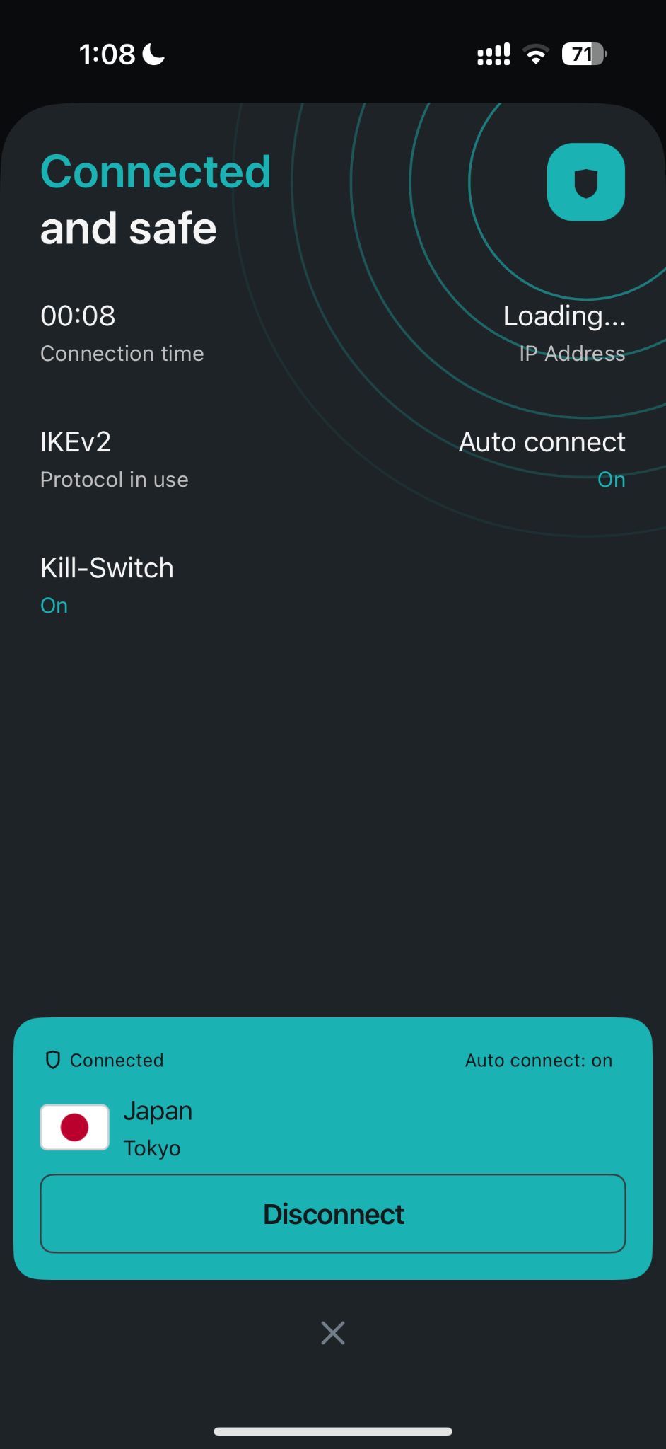 IKEv2の接続時間8秒の画面。Connected and safe、IP Address Loading...、Kill-Switch On、Auto connect Onが表示されている