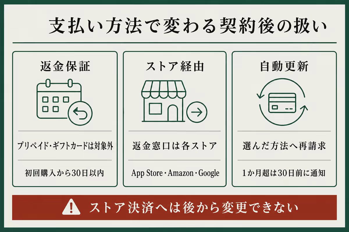 Surfsharkの支払い方法で変わる返金保証、ストア窓口、自動更新を整理した図解