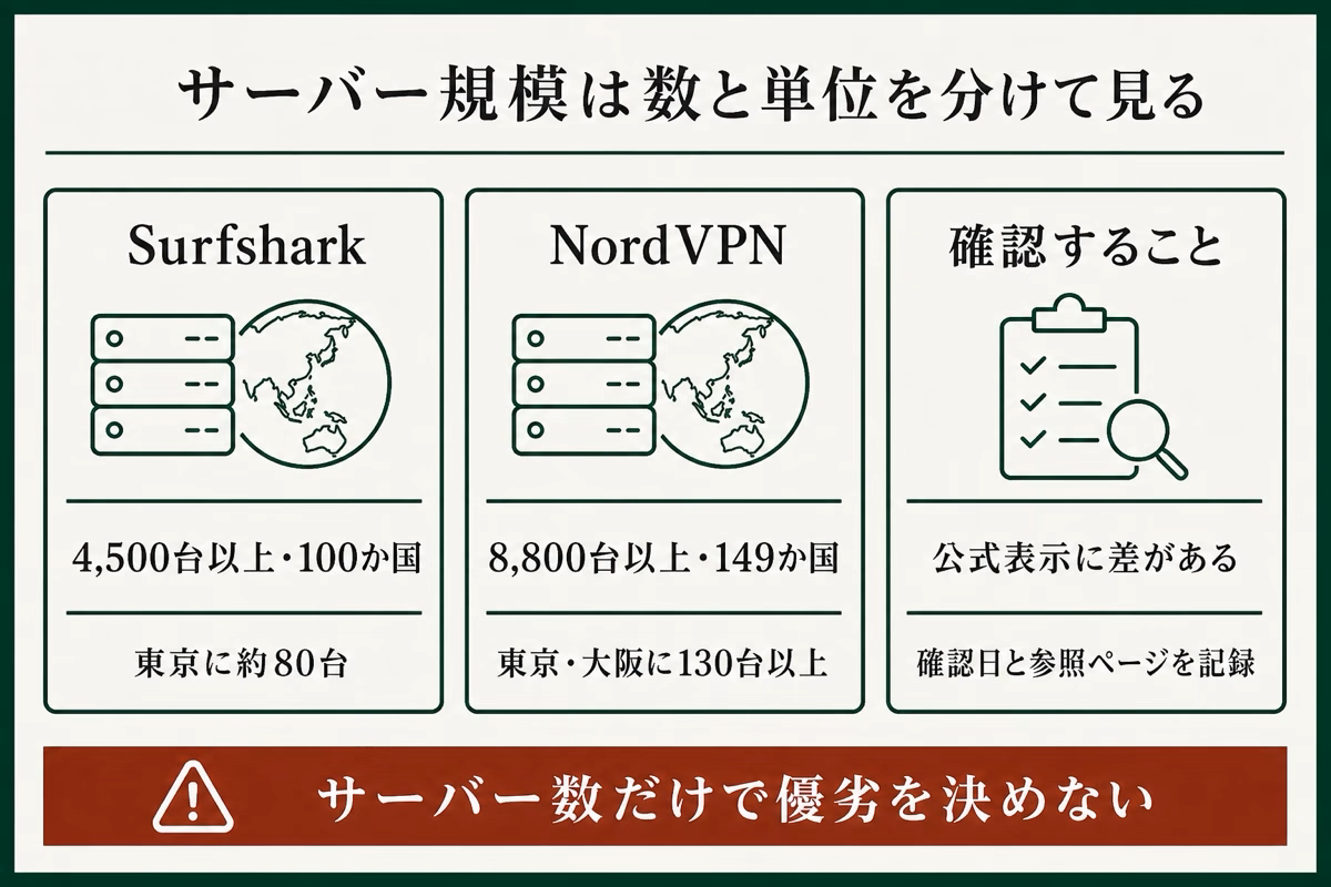 SurfsharkとNordVPNのサーバー数・対応国・日本国内の規模を単位別に整理した図解