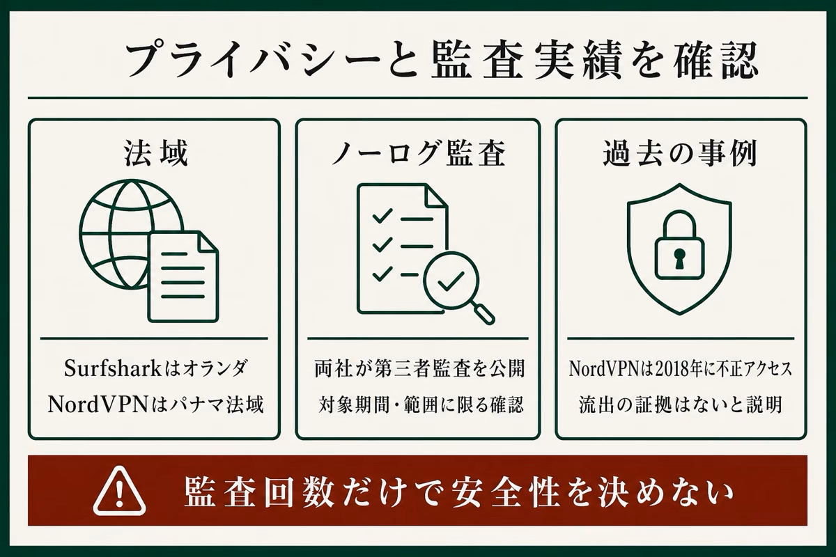 SurfsharkとNordVPNの法域・ノーログ監査・過去のセキュリティ事例を整理した図解