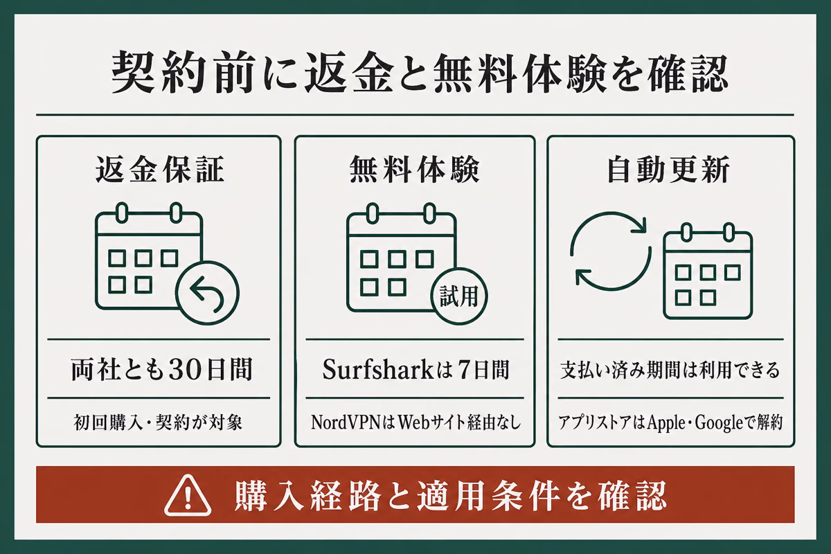SurfsharkとNordVPNの返金保証、無料体験、自動更新を契約前に確認する図解