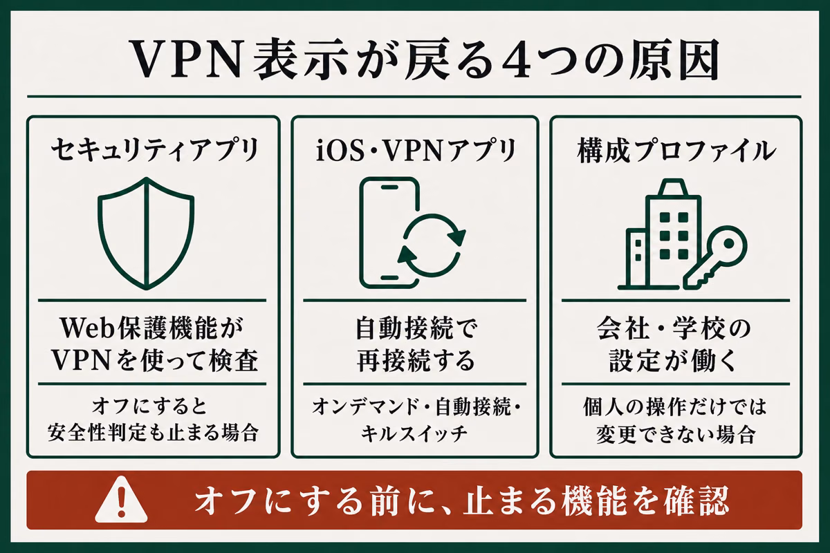 iPhoneでVPN表示が戻る4つの原因（セキュリティアプリ、iOS・VPNアプリ、構成プロファイル）を整理した図解
