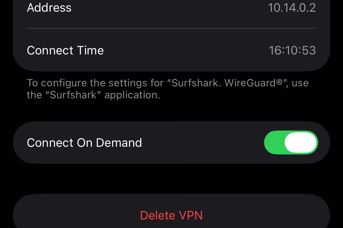 iOSのVPN詳細画面でConnect On Demandがオンになっている例